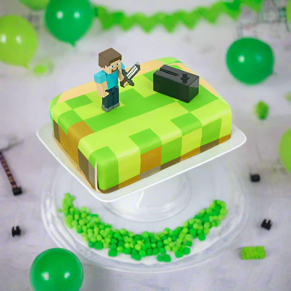 Minecraft® figure on game world cake