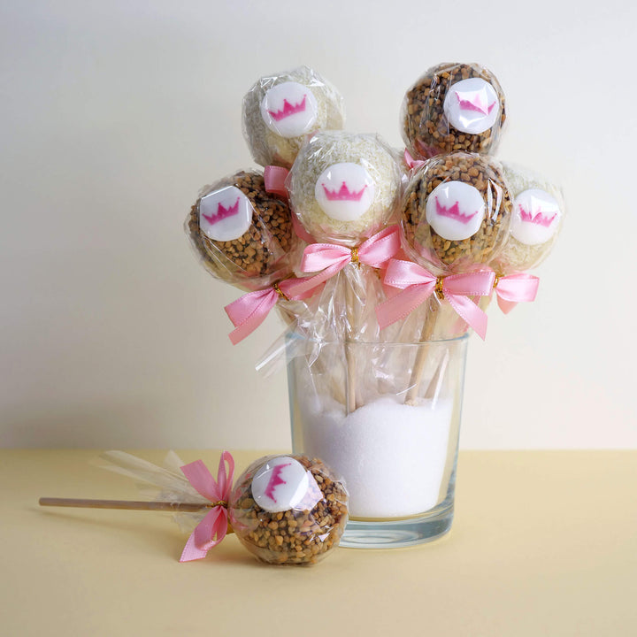 12 cake pops with logo, hazelnut and coconut