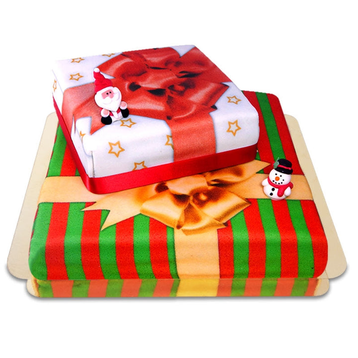 2-tier Christmas gift cake with Santa & snowman figures