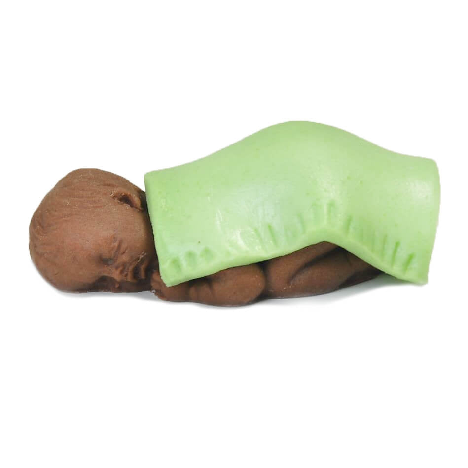 Dark-skinned baby with marzipan blanket, green