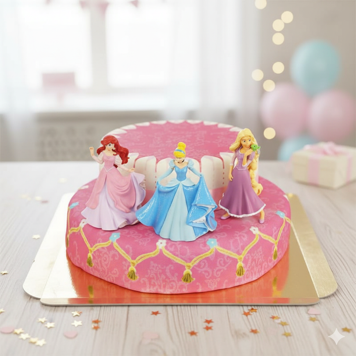 3 Princesses on a two-tier cake with a ribbon