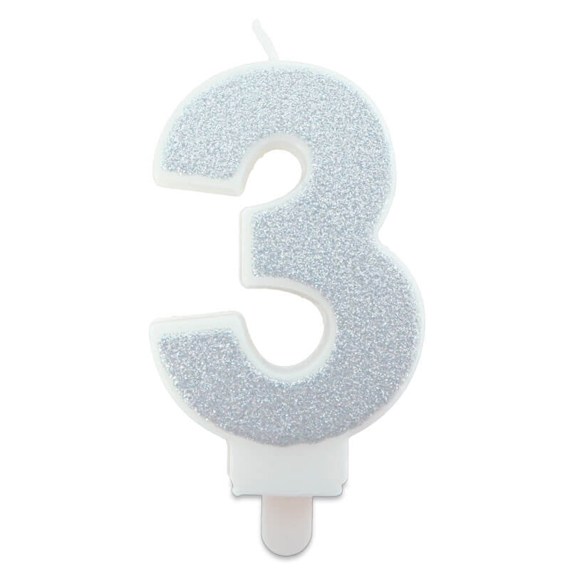 Silver cake candles with numbers 0–9