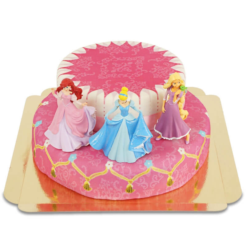 3 Princesses on a two-tier cake with a ribbon