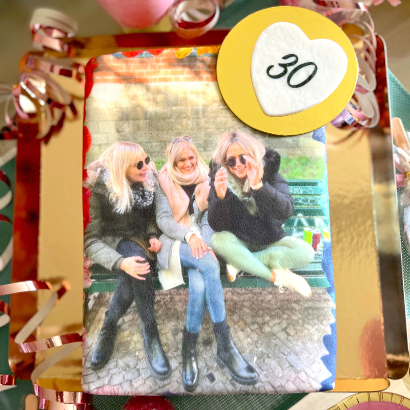 Photo cake in a colourful floral frame