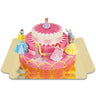 7 princesses on a three-tier cake with ribbons