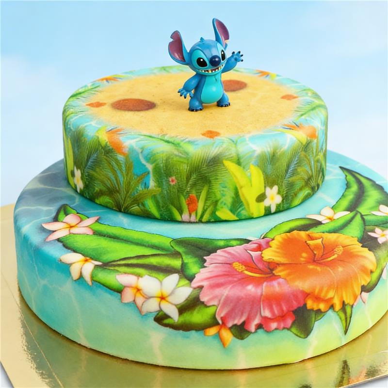 Stitch® on a 2-tier tropical beach cake