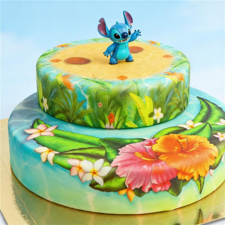 Stitch® on a 2-tier tropical beach cake