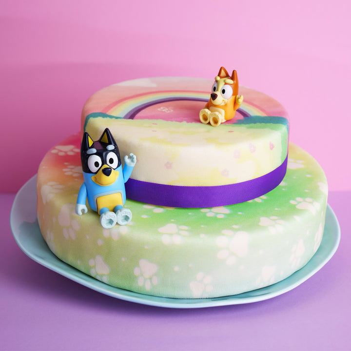 Bluey® figure on a 2-tier rainbow cake