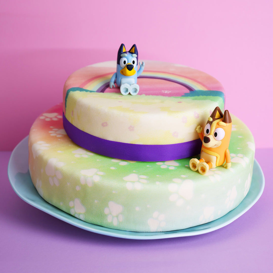 Bluey® figure on a 2-tier rainbow cake