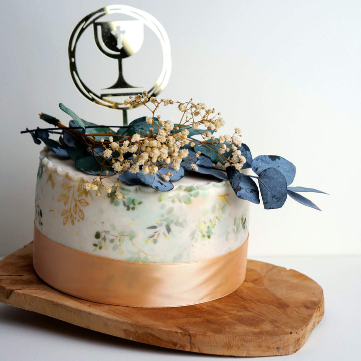 Deluxe Eucalyptus Cake with Communion Cake Topper