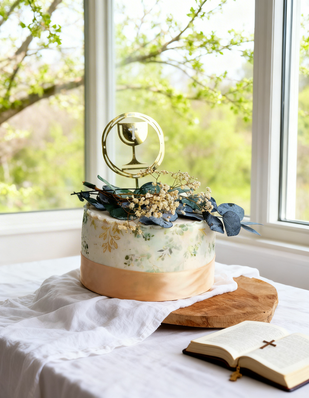 Deluxe Eucalyptus Cake with Communion Cake Topper