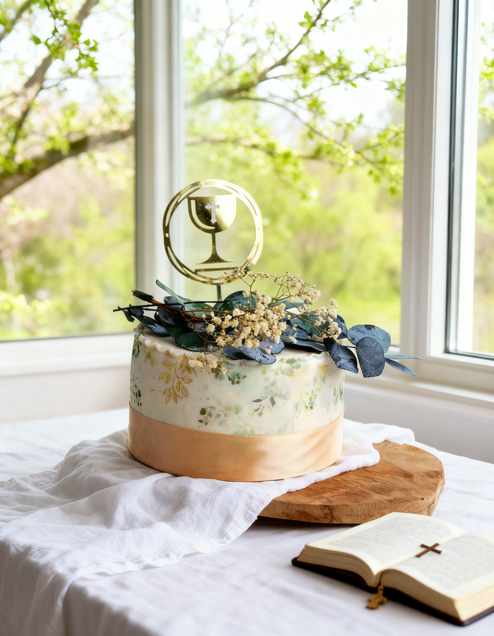 Deluxe Eucalyptus Cake with Communion Cake Topper