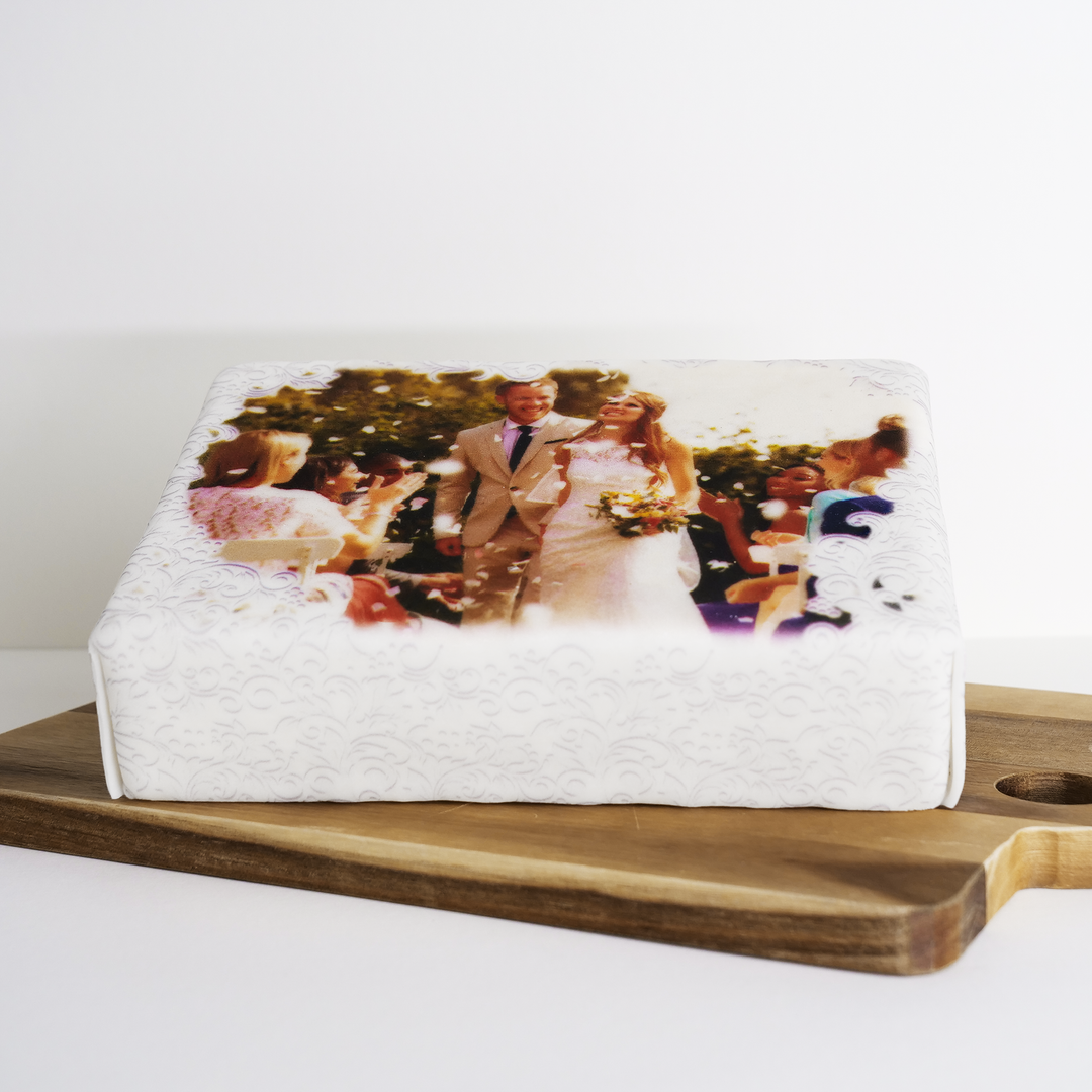 Square Wedding Photo Cake With White Ornaments
