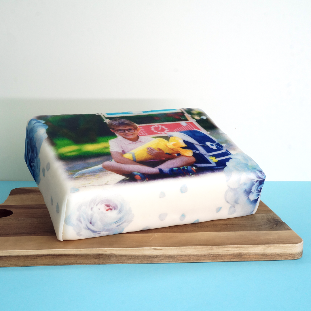 Photo Cake With Blue Floral Border, square