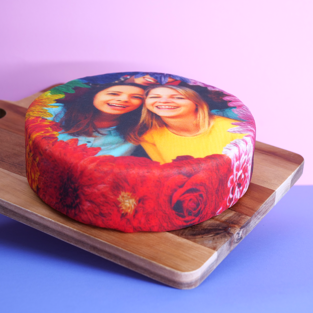 Fototorte mit bunte Blumen-Rahmen, rund