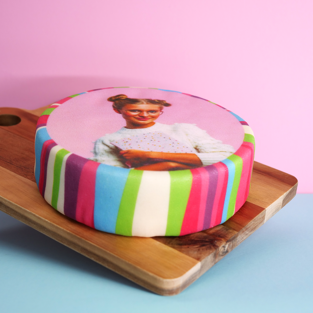 Photo Cake With a Colorful Striped Border, round