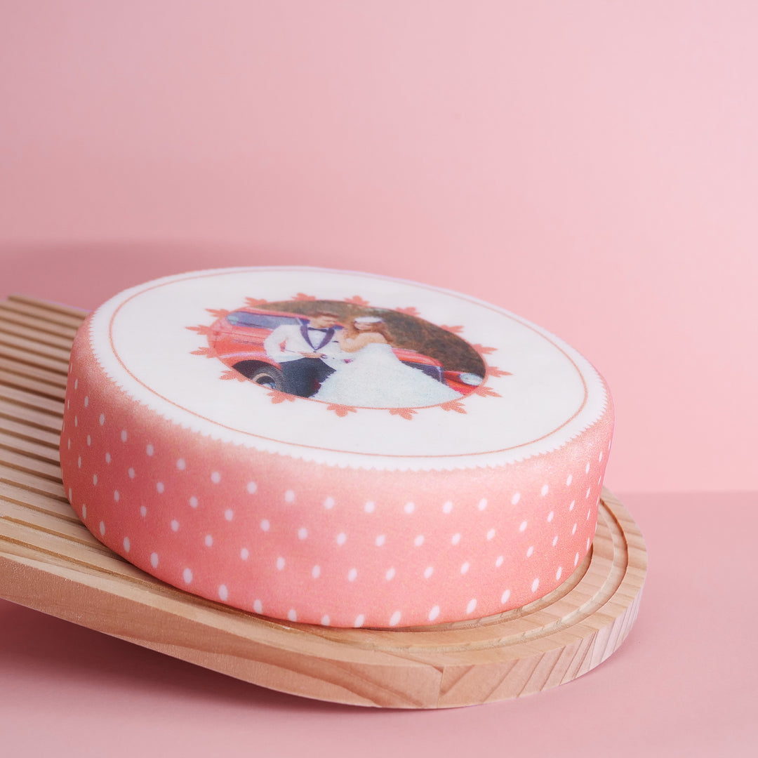 Photo Cake With Pastel Pink Frame, round