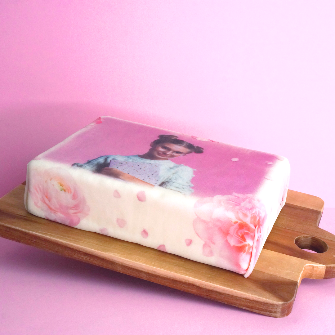 Photo Cake With Pink Floral Border, square