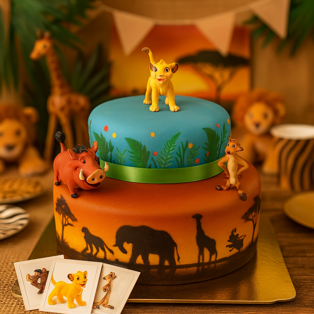 Simba®, Timon & Pumbaa® on a 2-tier savannah cake