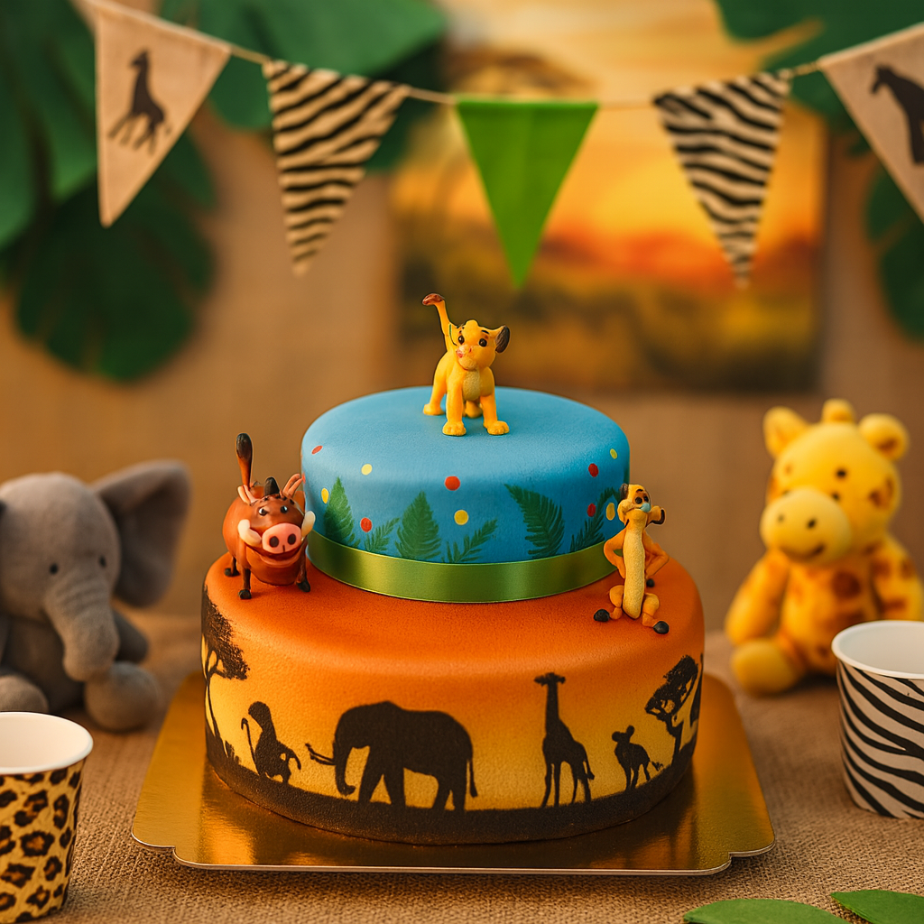 Simba®, Timon & Pumbaa® on a 2-tier savannah cake