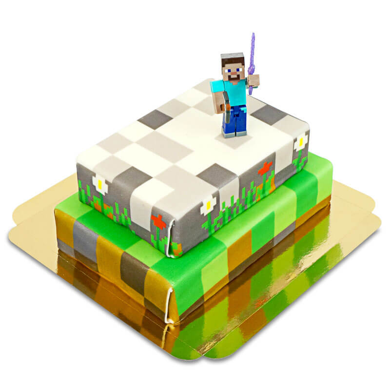 Minecraft® figure on a two-tier game world cake