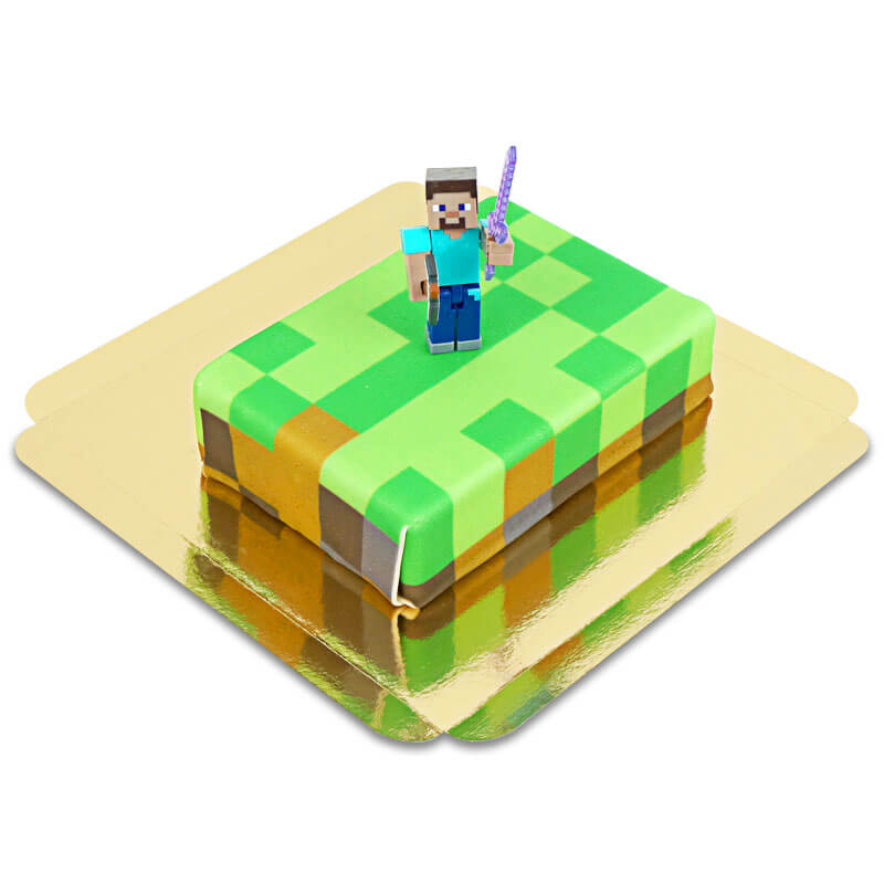 Minecraft® figure on game world cake