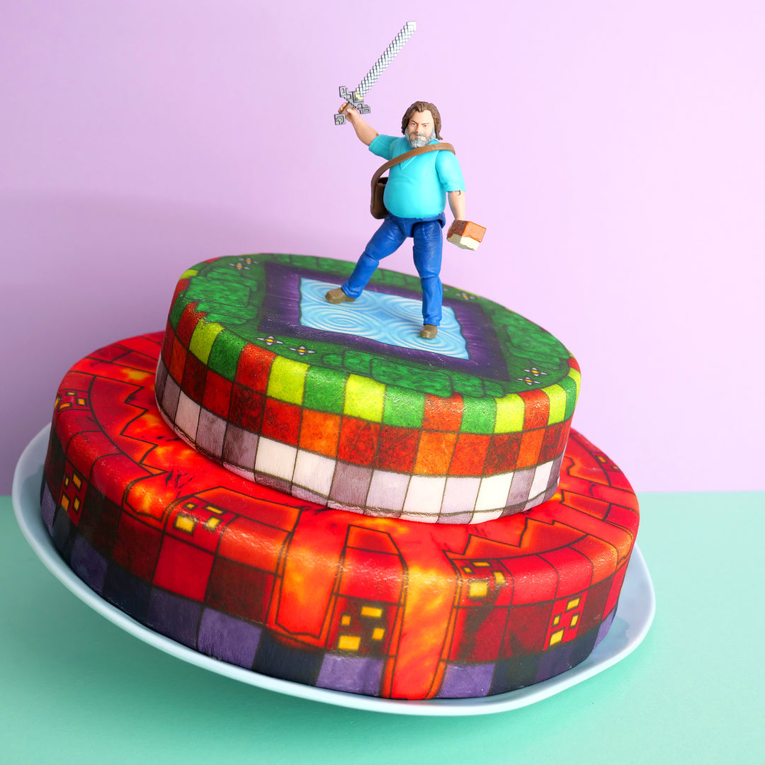 Minecraft® figure on a two-tiered dimensional portal cake