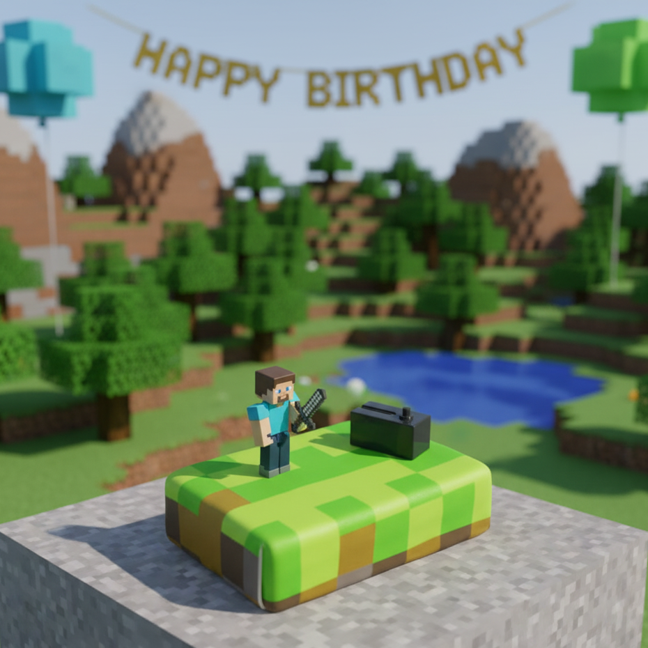 Minecraft® figure on game world cake