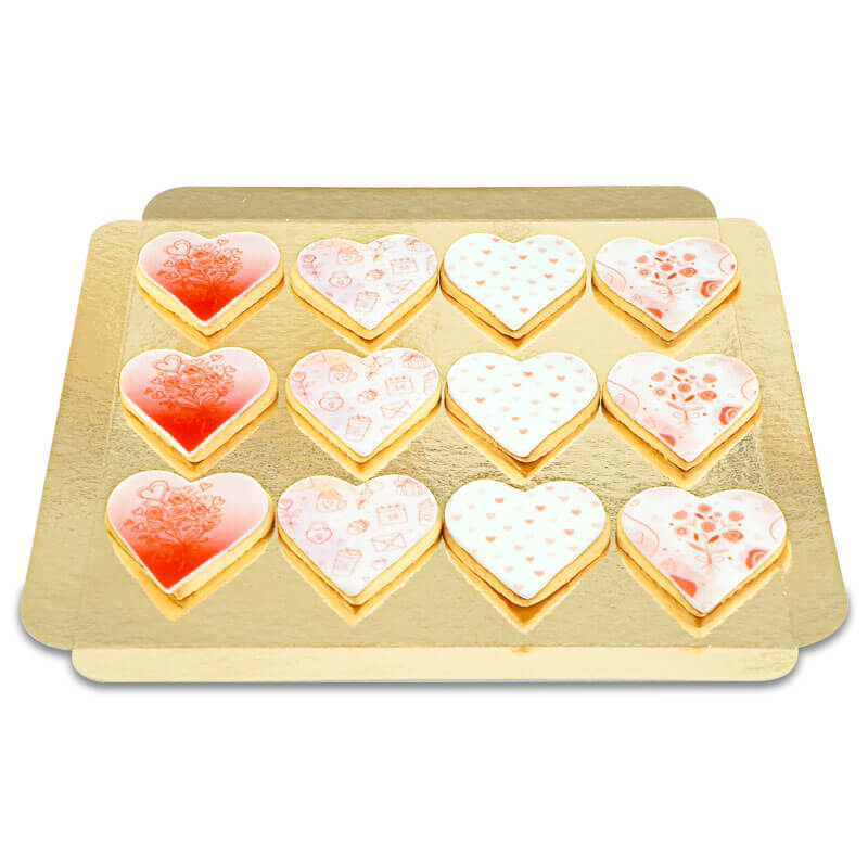 Pastel-coloured heart-shaped Valentine's biscuits (12 pieces)