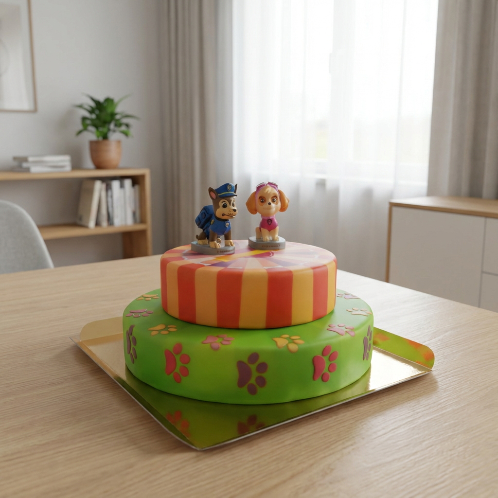 Paw Patrol® on a 2-tier pink dog paw cake