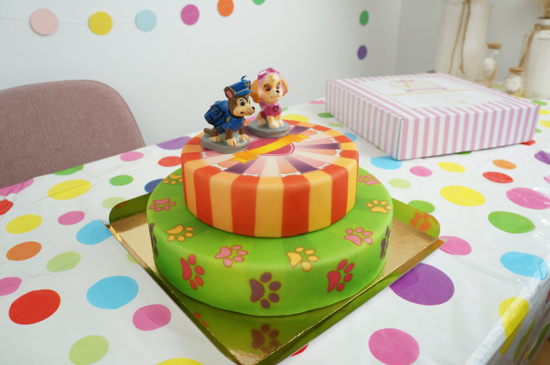 Paw Patrol® on a 2-tier pink dog paw cake