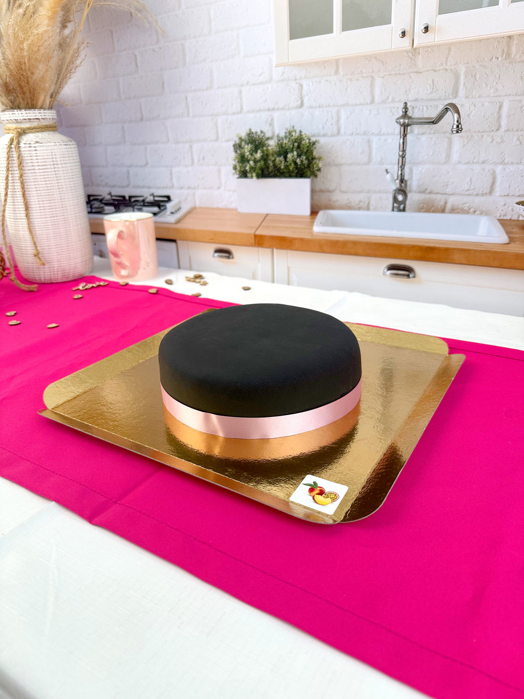 Black cake with cake ribbon