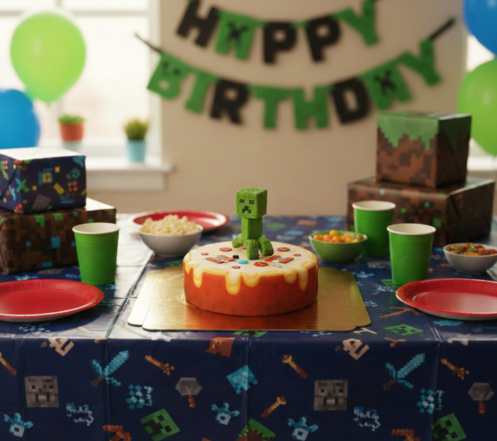 Minecraft® figure on a round TNT cake