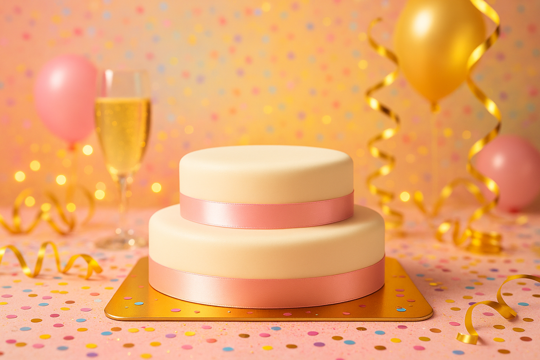 Two-tier white cake with cake ribbon