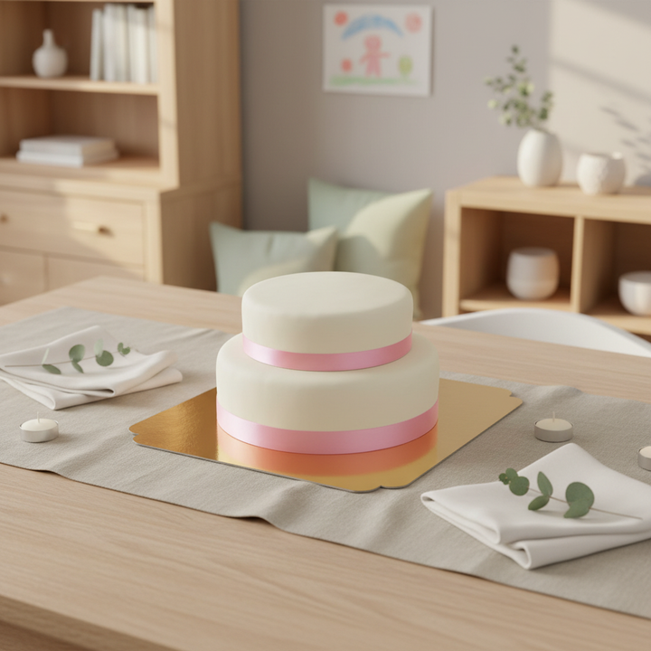 Two-tier white cake with cake ribbon