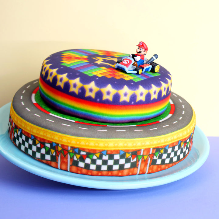 Mario Kart® on a two-tier World Circuit cake