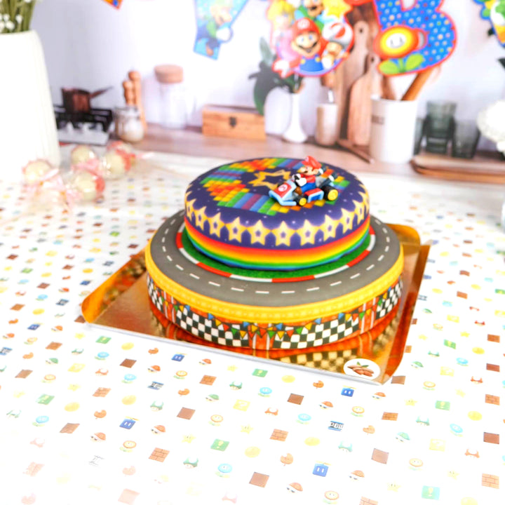 Mario Kart® on a two-tier World Circuit cake