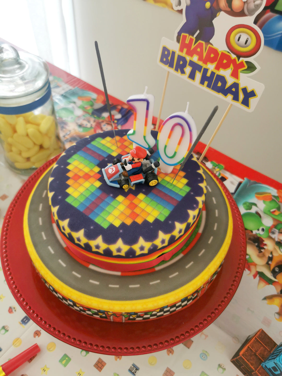 Mario Kart® on a two-tier World Circuit cake
