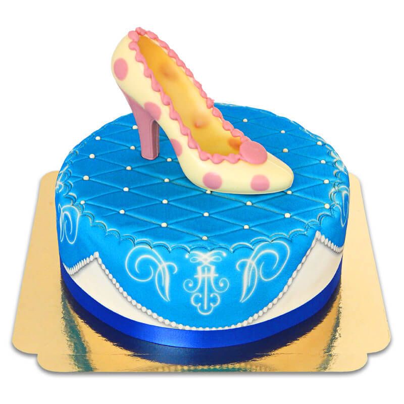 Blue Deluxe Cake with Chocolate Shoe and Ribbon