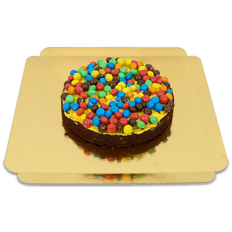Brownie cake with crispy chocolate bean decoration