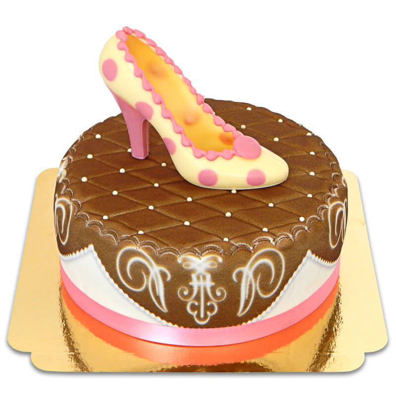 Brown Deluxe Cake with Chocolate Shoe and Ribbon