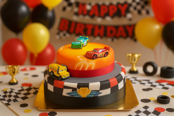 Cars® 2 – Lightning McQueen, Hook and Miss Fritter on a two-tier race track cake with ribbon