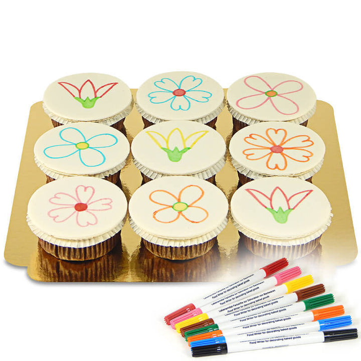 9 cupcakes with food pens