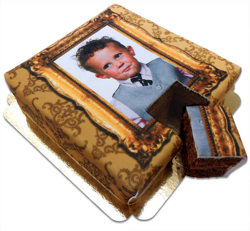 Deluxe photo cake with gold frame as a chocolate cake