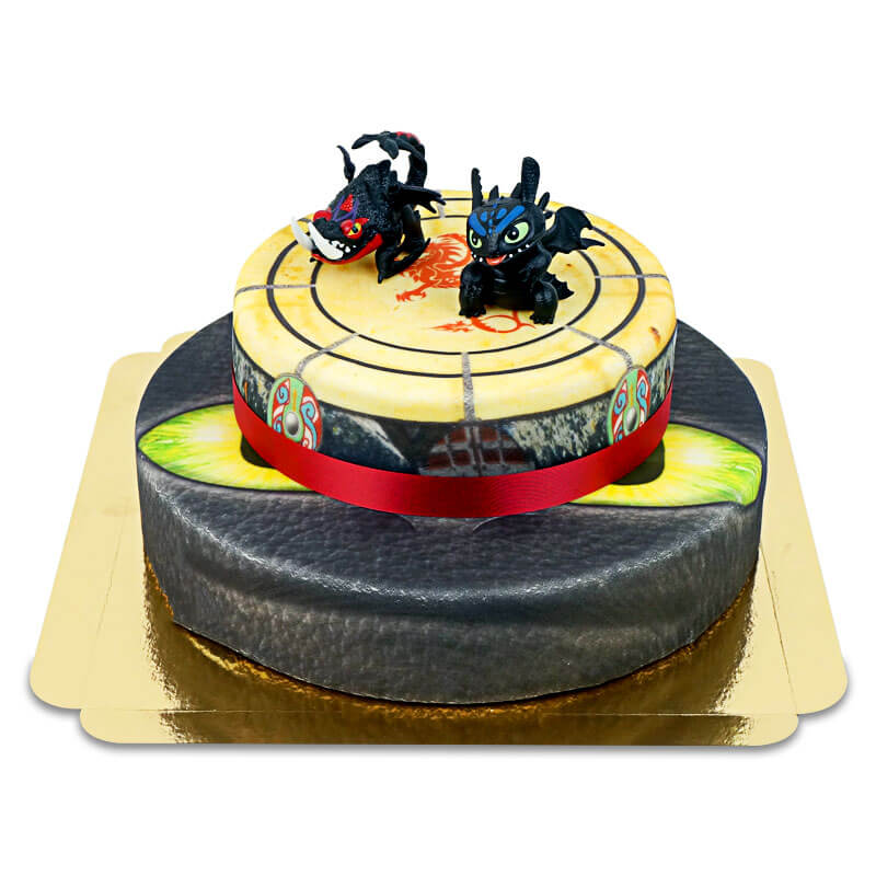 Dragon and his friends on a 2-tier cake with ribbon