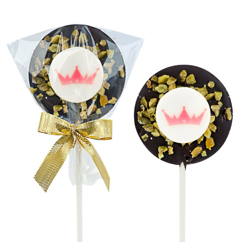 Dark chocolate & pistachio lollipops with logo (10 pieces)