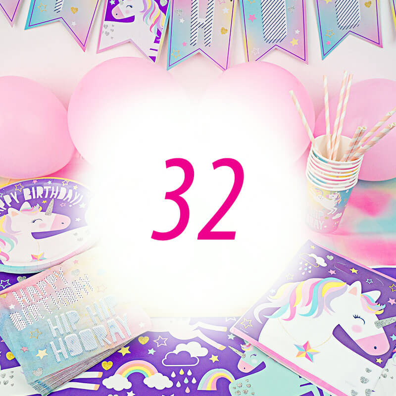 Unicorn party set for 32 people – without cake
