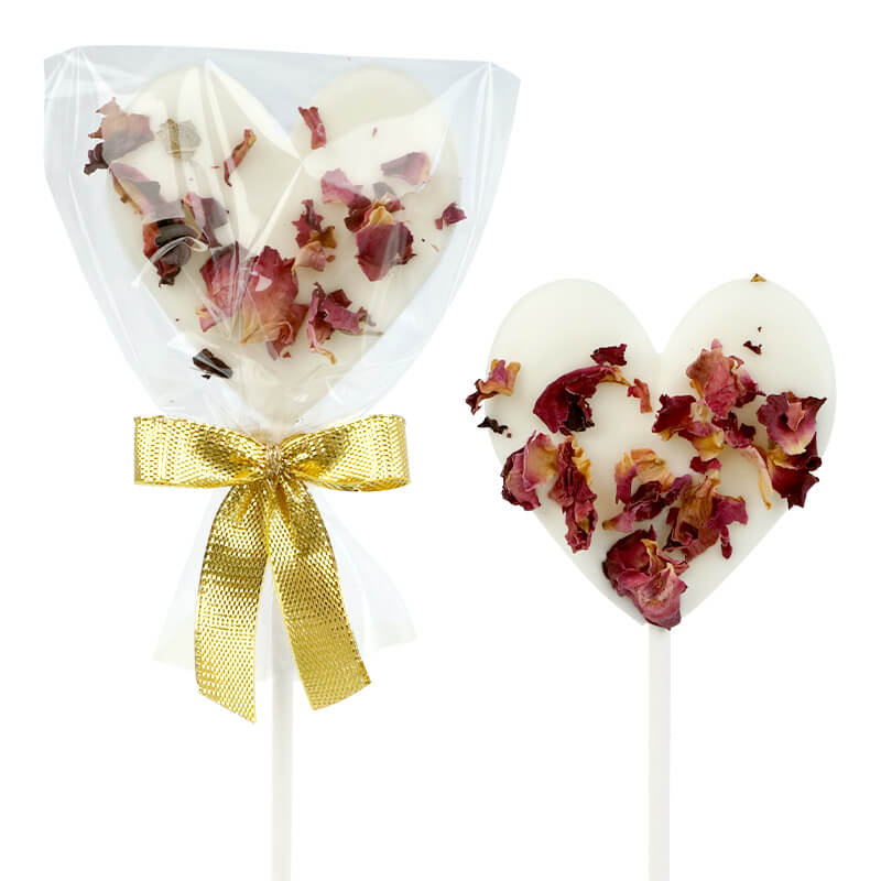 White heart-shaped lollipops with rose petals (10 pieces)