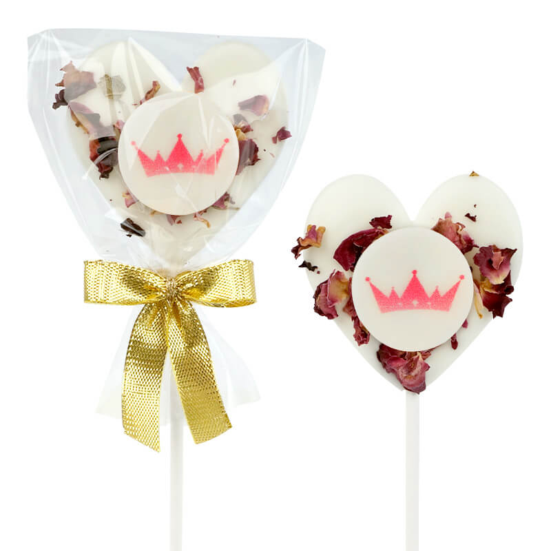 White heart-shaped lollipops with rose petals and logo (10 pieces)
