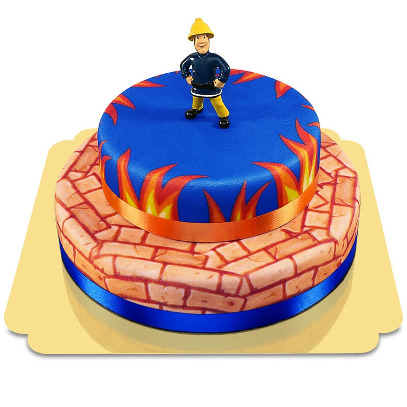 Fireman Sam® on a two-tier fire-themed cake